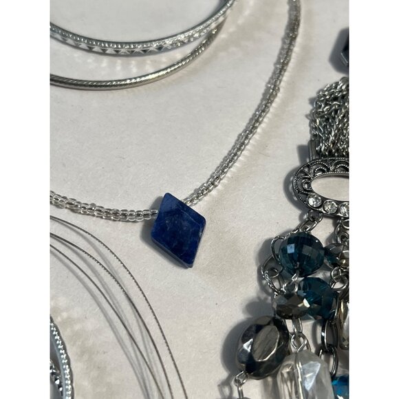 Multi-Layered Necklace & Jewelry Set: Blue Beads Silver Bangles - Picture 4 of 8